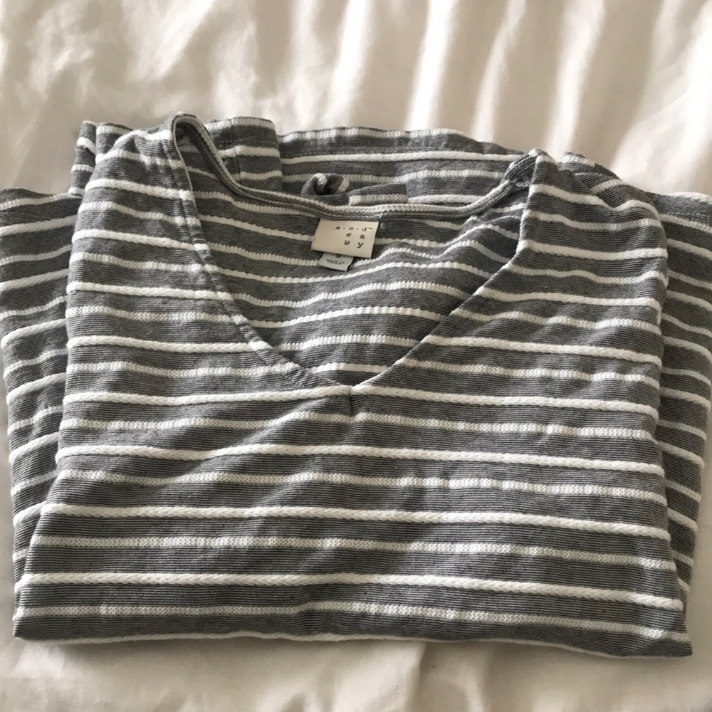 Grey and White Striped Long Sleeved Top